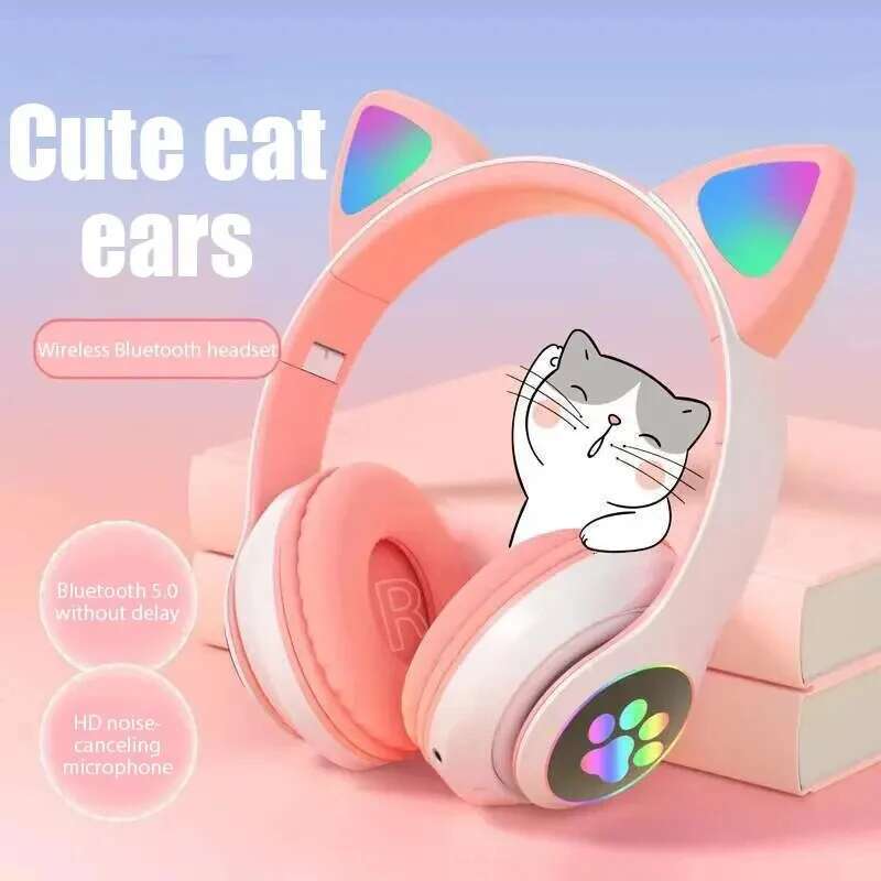 Flash Light Cute Cat Wireless Headphones with Mic Stereo Phone Music Headset Gamer Bluetooth Headphone Kids Girls Birthday Gift