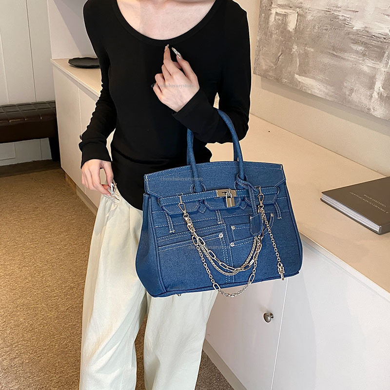 Designer Fashion Kelly Bag Large Capacity Denim Women's Single Shoulder Crossbody Bag Clear Thread Fake Pocket Metal Lock Handbag Workplace Women