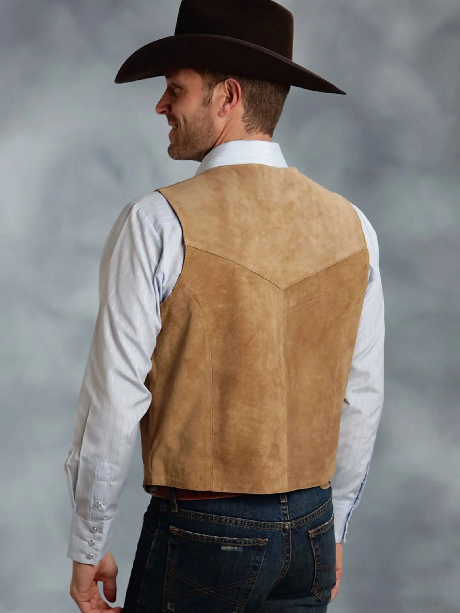 Brown Vest Mens Formal Business Set Suede Waistcoat Groom Wedding Dress Cowboy 250506