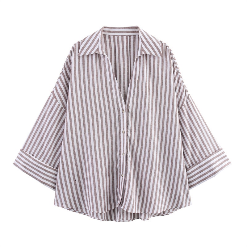Free shipping summer hot selling woman fashionable casual versatile lapel striped wide sleeved shirt oversize XS-L size blue white color