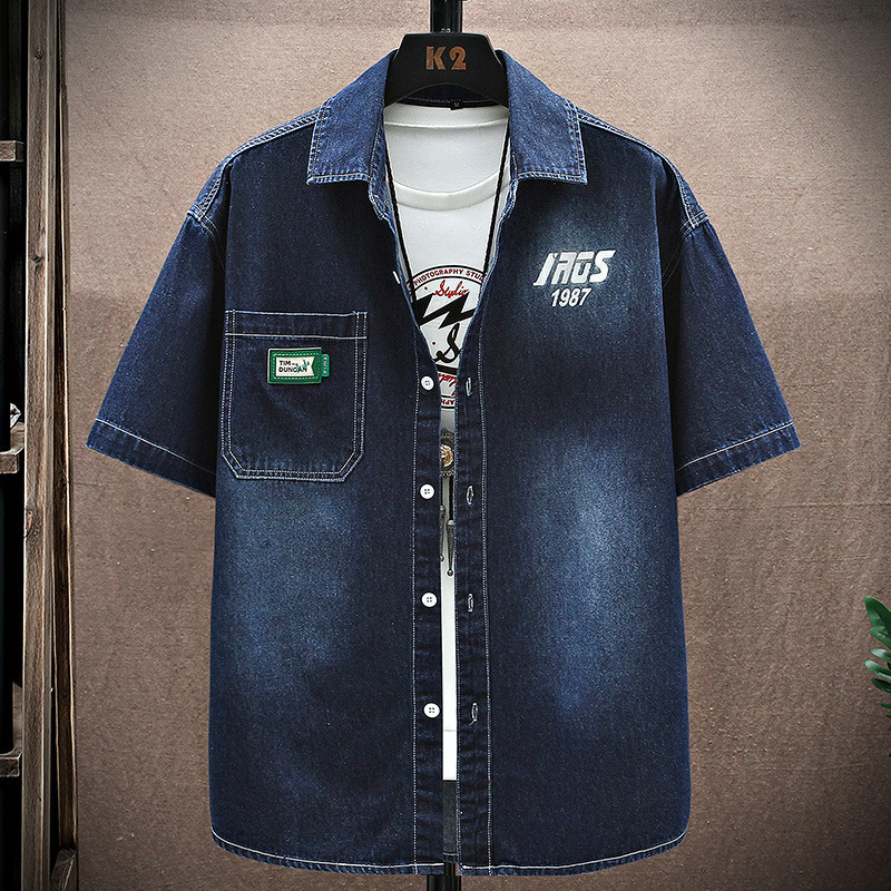 Denim short sleeved 2025 summer youth men's top jacket ins versatile shirt men