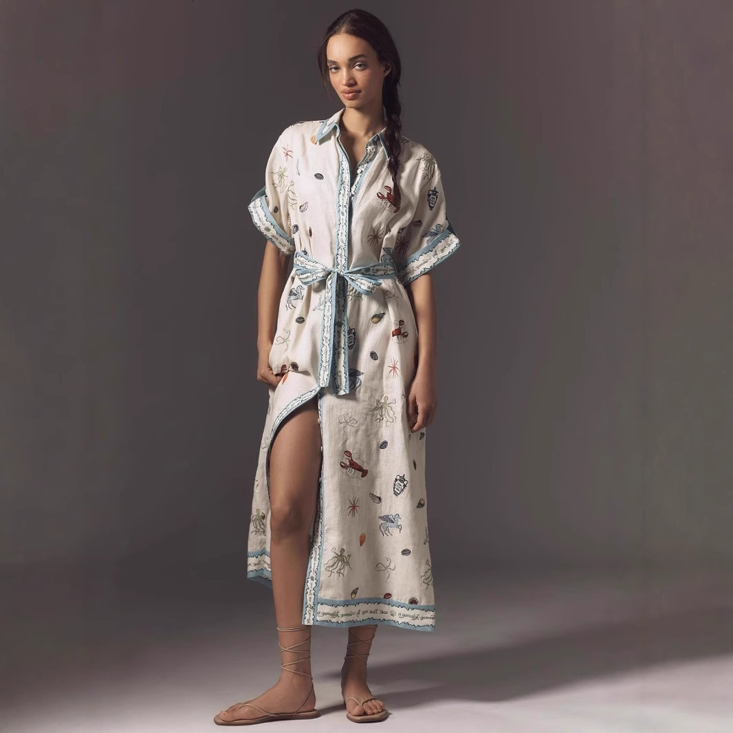 2025 New Fashion Women Linen Shirt Dress Flower Printed Shirt Skirt Casual Slim Fit Long Dresses Linen Clothes