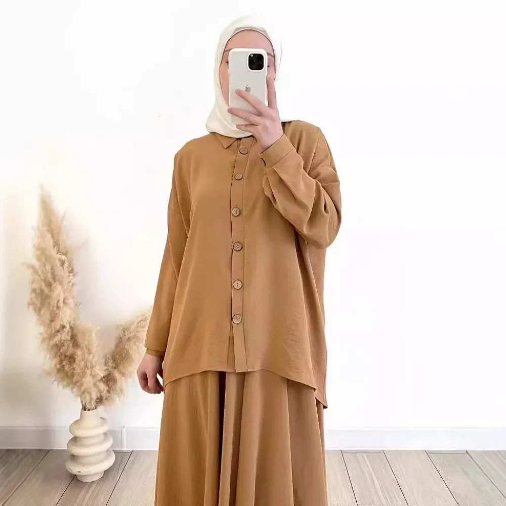Muslim suit womens top skiing ensemble single chest Morocco Dubai Islamic long Arab clothing Ramadan 2piece set 250430Z