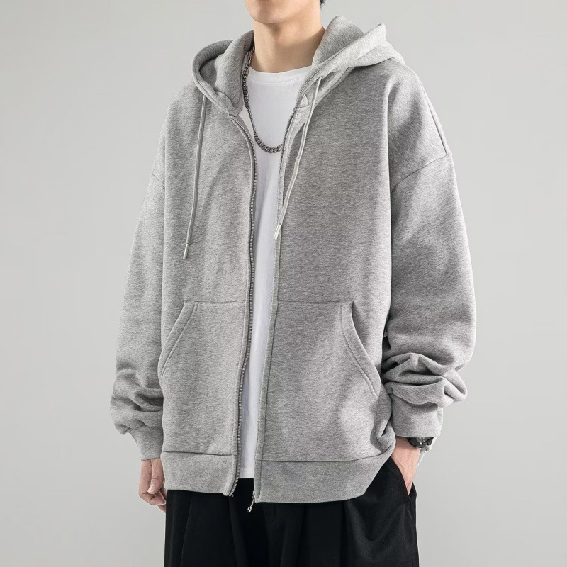 Hooded solid color cardigan jacket spring and autumn trendy brand American high street casual men's clothing loose 2023 new item