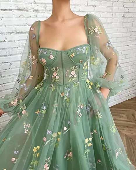 BABYONLINE Prom Dresses Green Fairy Puffy Sleeve Lace Embroidery Tulle Formal Evening Party Gown Elegant Tea Lengt Robe De Soir