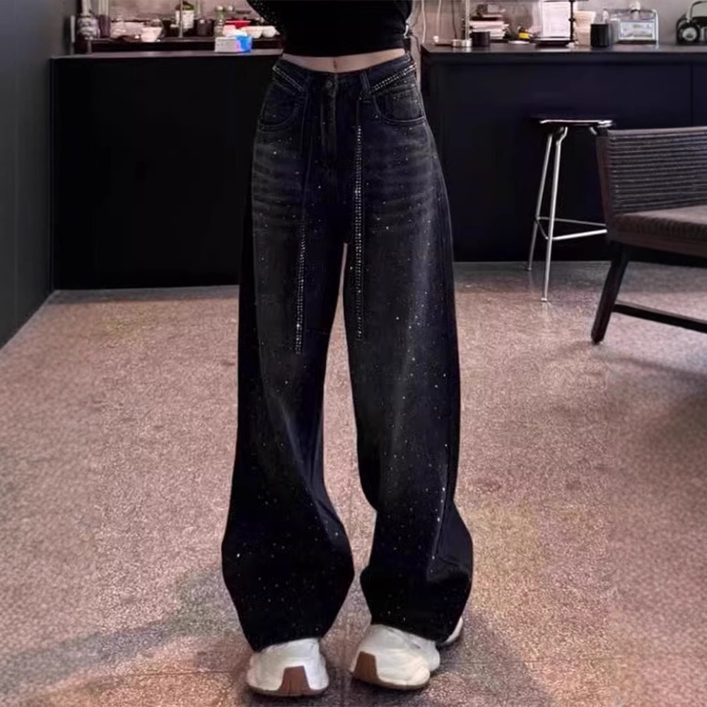 American black rhinestone wide leg jeans for women in spring and summer, plus size, fat, mm, fashionable floor length, sickle shaped banana pants