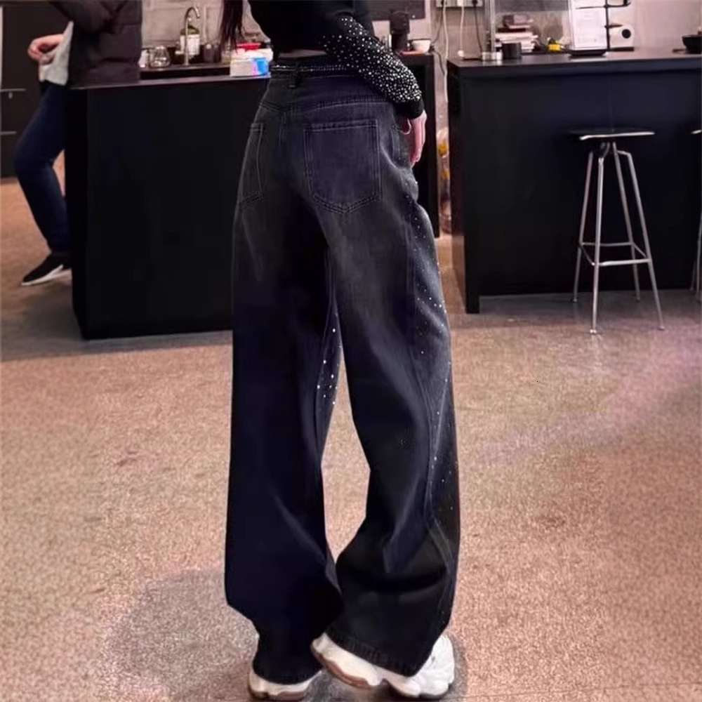 American black rhinestone wide leg jeans for women in spring and summer, plus size, fat, mm, fashionable floor length, sickle shaped banana pants