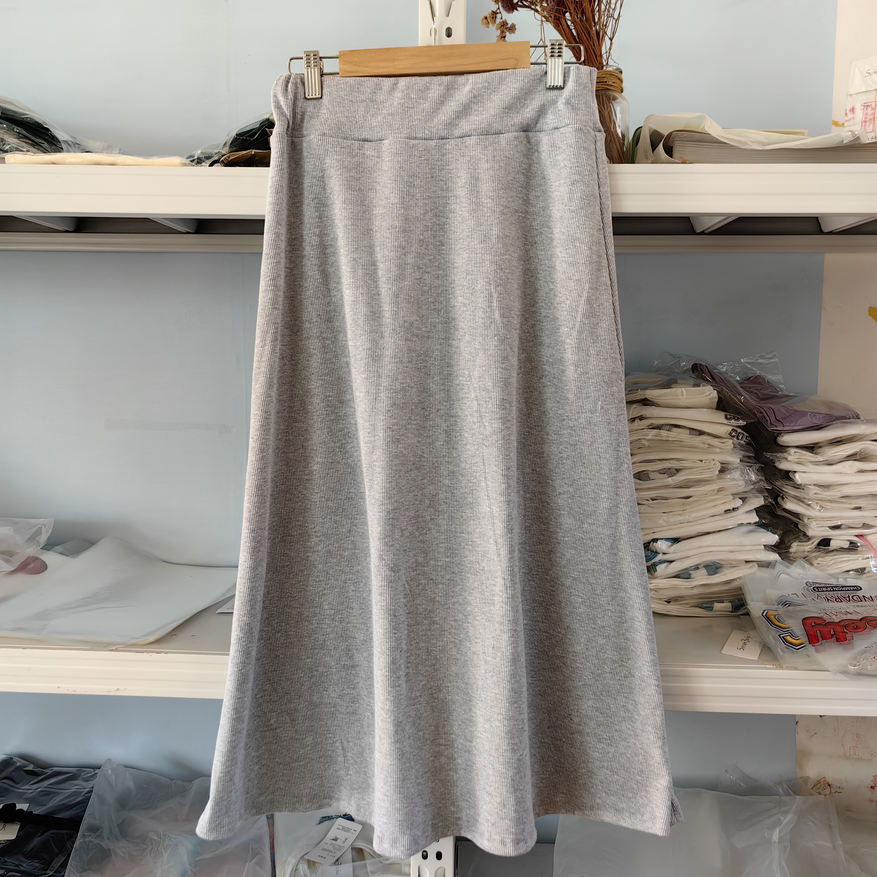 L1607 Large size threaded cotton new autumn Korean style pleated A skirt elastic high waist knitted long skirt skirt