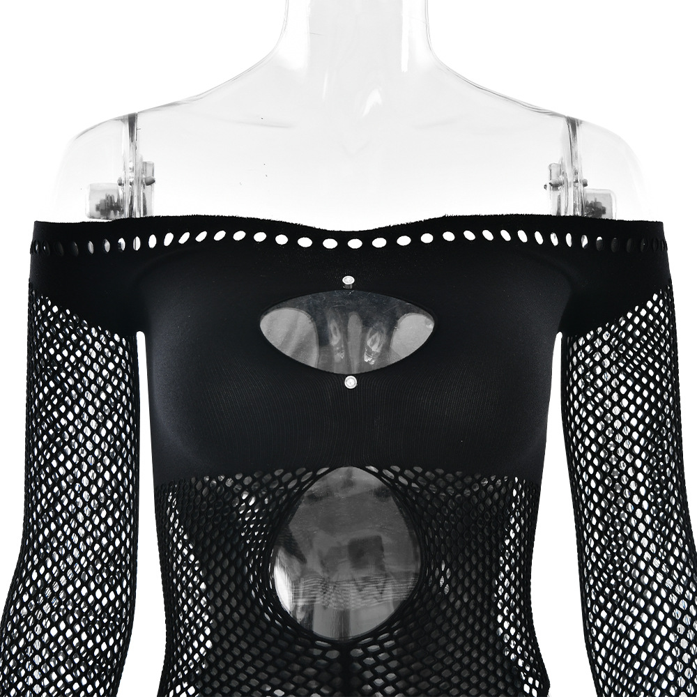 Off-shoulder Hollow Out Sexy Playsuits Women See Through Long Sleeve High Stretch Party Clubwear Female Slim Skinny Romper