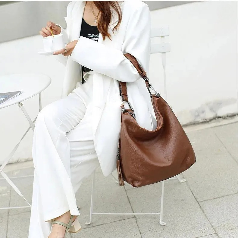 European Style Genuine Leather Women's Tote: Underarm Shoulder Cowhide Tassel Handbag New Free Delivery Designer Bag