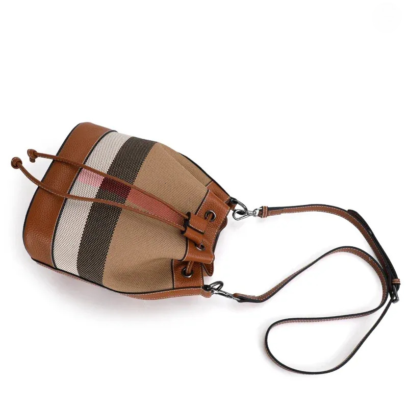 Drawstring Checkered Women's Crossbody Bag: Canvas & Cowhide 2025 Style New Free Delivery Designer Bag