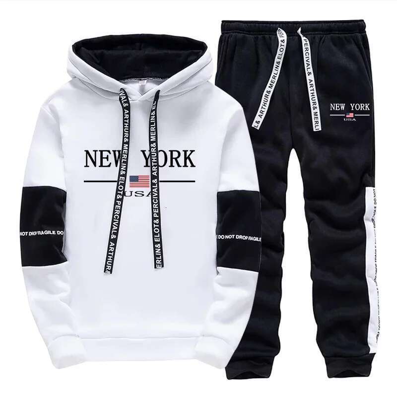New York Letter Printed Hoodies Sweatpants Men's Autumn Daily Casual Sports Jogging Suit Urban Fashion Streetwear Gym Outfits Designer