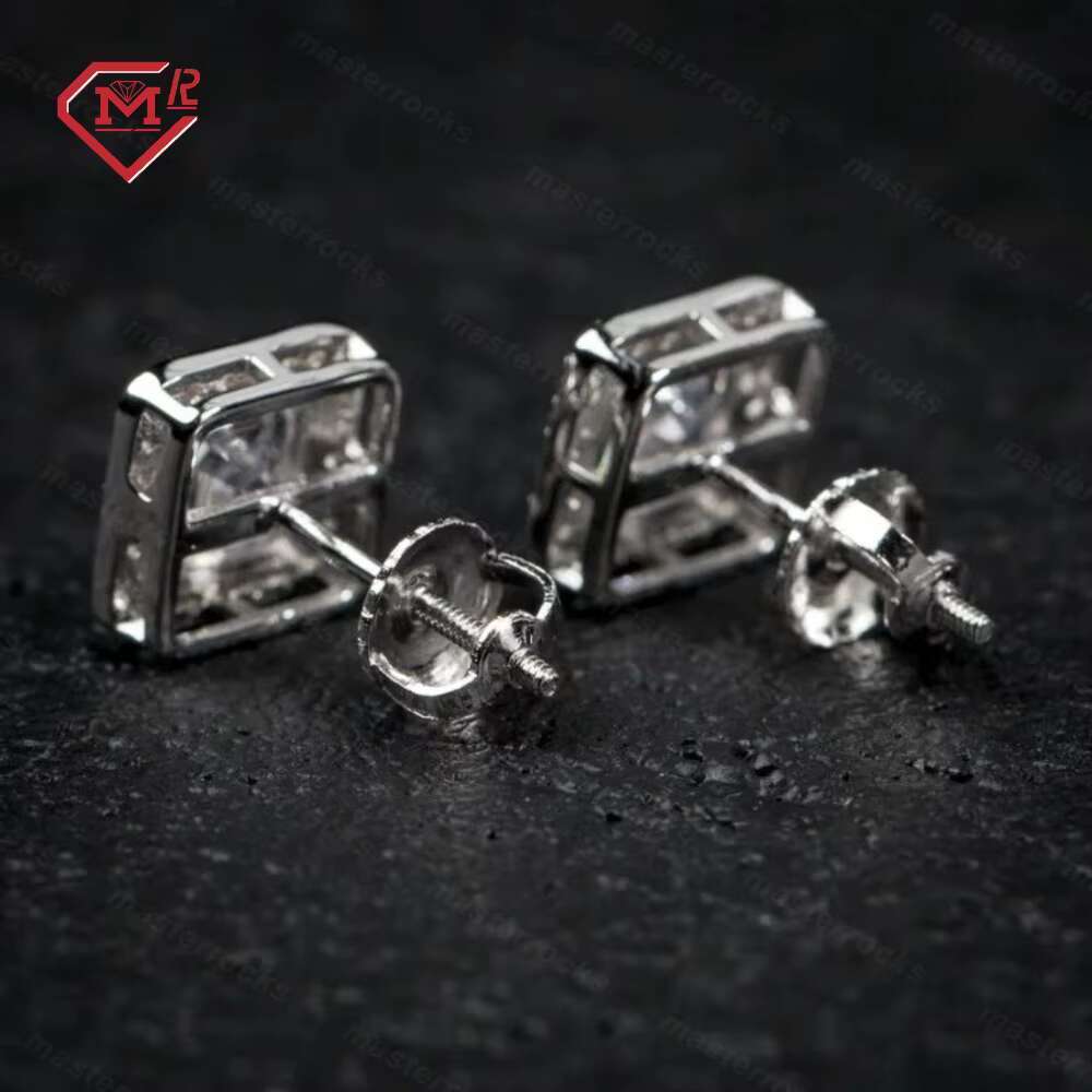 Men's Hip Hop Pure Sier Iced Vvs Square Mossstone Earrings