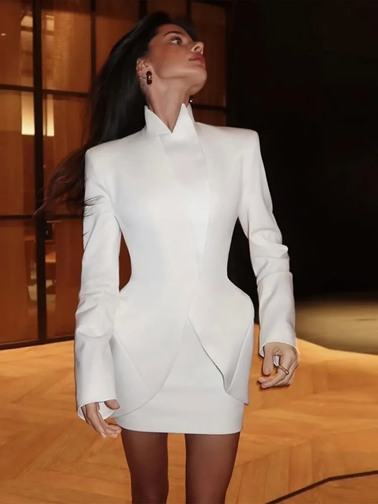 Stand Collar Blazer Mini Skirt Set Elegant Womens White Waist Wrinkle Ultra Thin 2025 Office Wear 250430Z