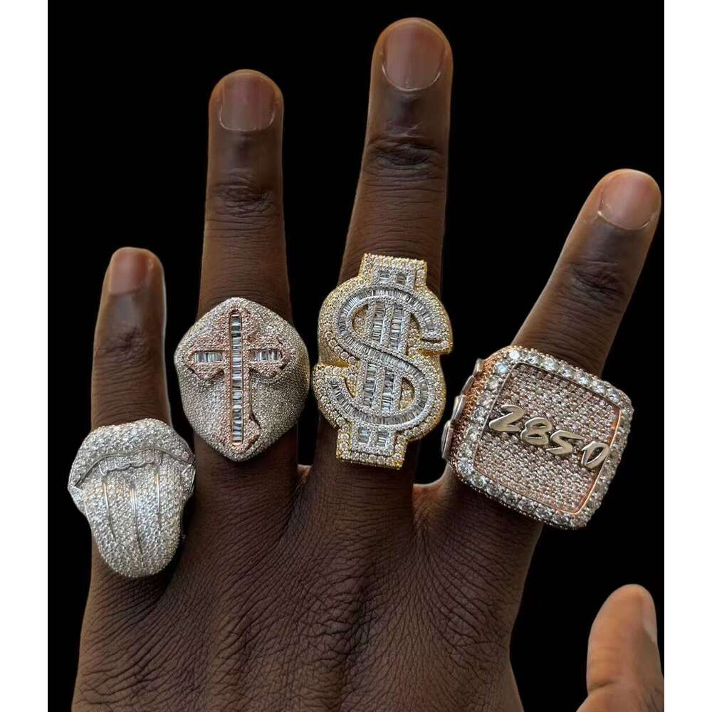 Men's Rap Singer Hip Hop Cross Pure Silver French Stick VVS Sandstone Ring