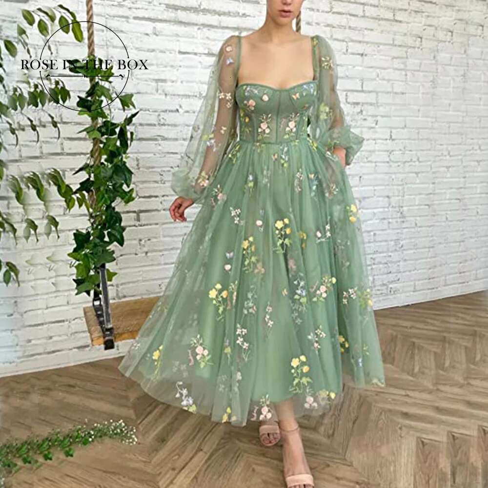 BABYONLINE Prom Dresses Green Fairy Puffy Sleeve Lace Embroidery Tulle Formal Evening Party Gown Elegant Tea Lengt Robe De Soir