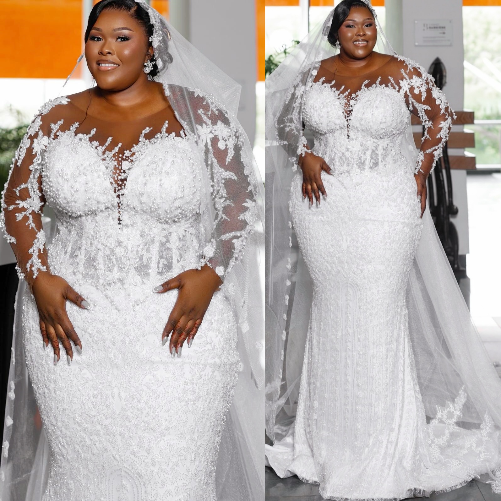 2025 Aso Ebi Plus Size White Mermaid Wedding Dress Pearls Full Sleeves Lace Vintage Bridal Gowns Dresses ZJ0659