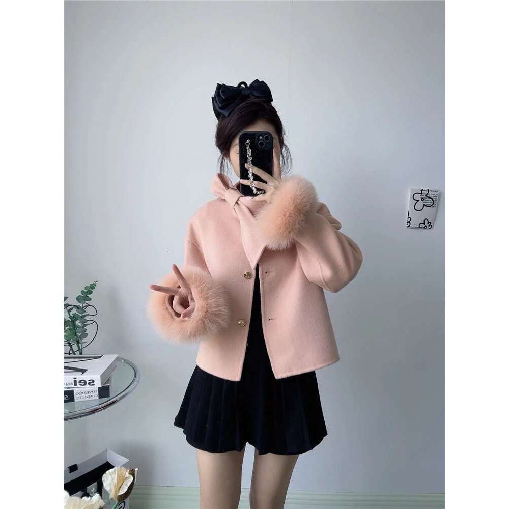 2024 New Winter Real Natural Fox Fur Cuff Ladies Outwear Female Coat Cashmere Wool Woolen Women Jacket Designer