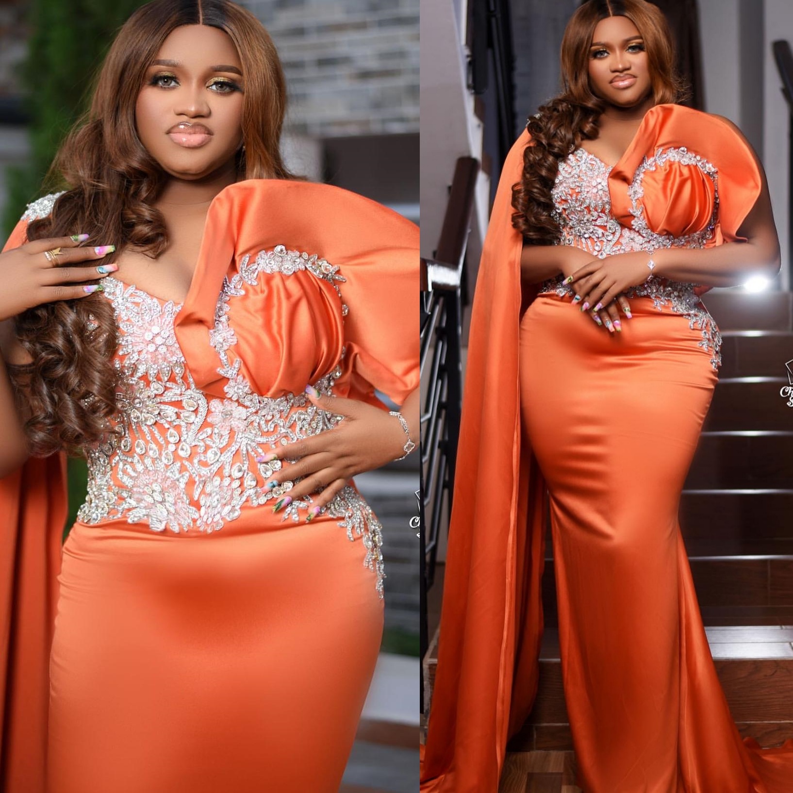Orange Mermaid Plus Size Prom Dresses 2025 Lace Crystals Satin Sheer Neck Evening Formal Party Second Birthday Engagement Gowns Dress For Special Occa