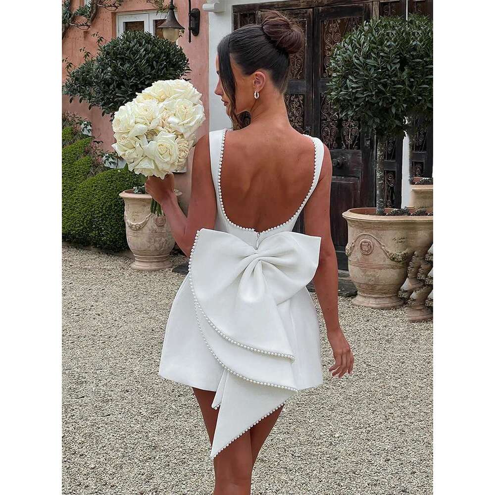 Mozision Pearl Bow Backless Sexy Mini For Women Robe Fashion Zipper Sleeveless High Waist A-line Club Party Dress Elegant