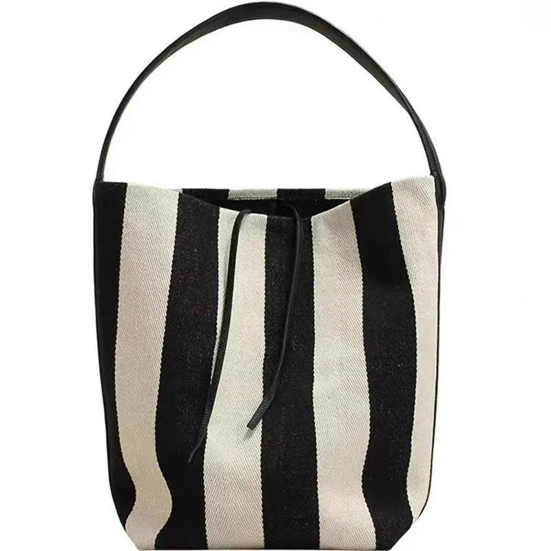 Bucket Handbags: Stripe Canvas Tote Bag With Shoulder Strap, Beige Casual Commuter Bag, Large Capacity, Lightweight For Daily Use New Free Delivery De
