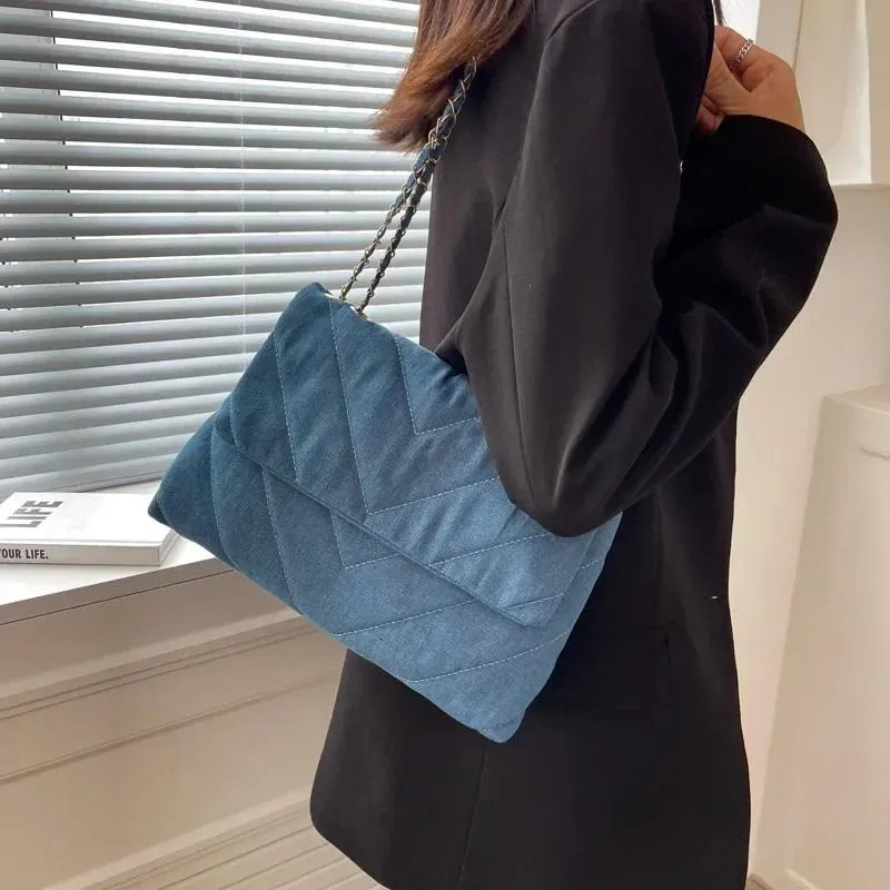 Vintage Bags: Denim Dia Pattern Messenger Bag - Large Capacity, Navy Blue Shoulder Handbag For Work, Study, And Street Style New Free Delivery Designe