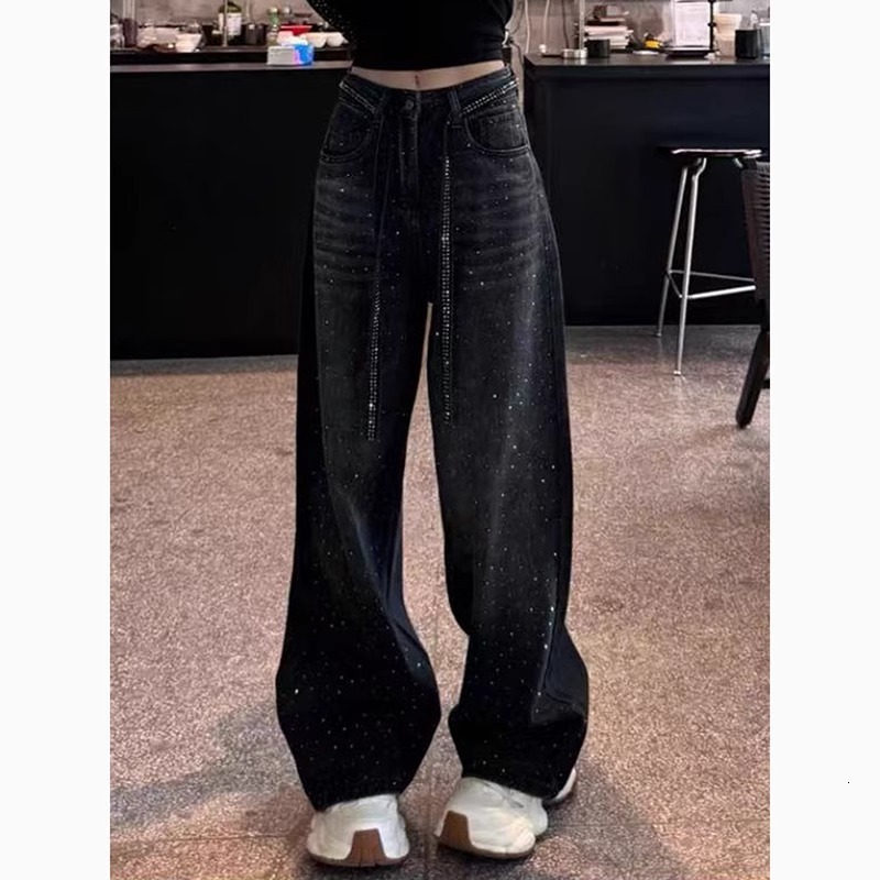 American black rhinestone wide leg jeans for women in spring and summer, plus size, fat, mm, fashionable floor length, sickle shaped banana pants