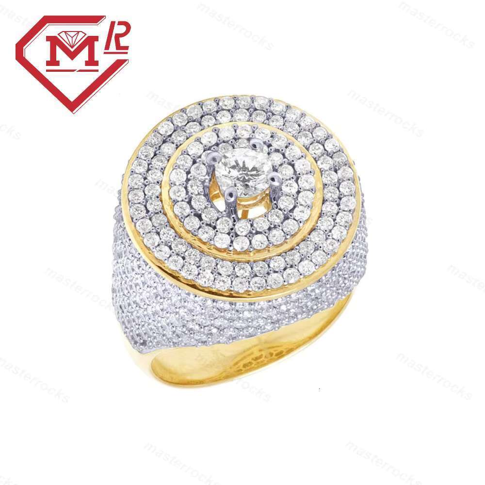 Men's hip-hop with hollowed out gold-plated chilled round pure silver VVS Moissanite ring