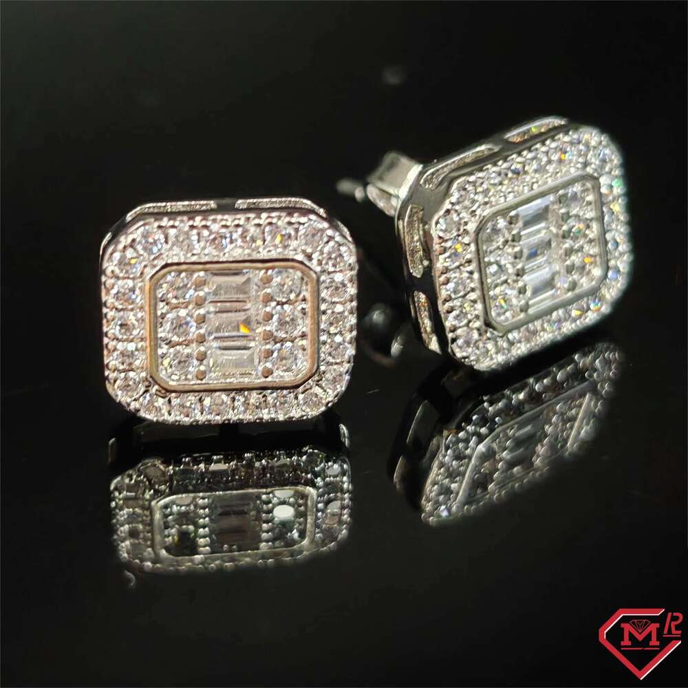 Hip hop jewelry moissanite earrings, sier square cluster, chilled men's and women's earrings