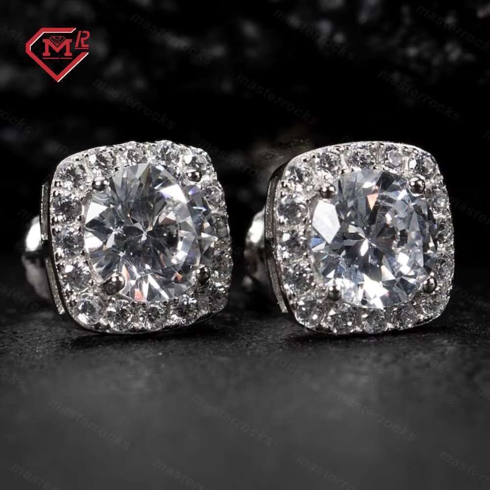 Daily men's earrings, hip-hop accessories, chilled square S sier Vvs round moissanite earrings