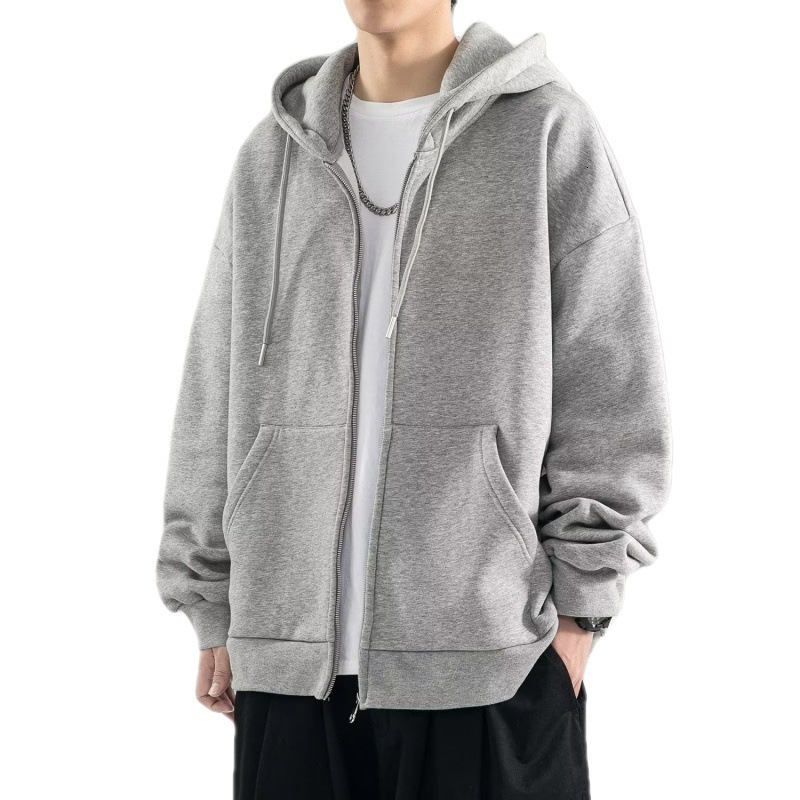 Hooded solid color cardigan jacket spring and autumn trendy brand American high street casual men's clothing loose 2023 new item
