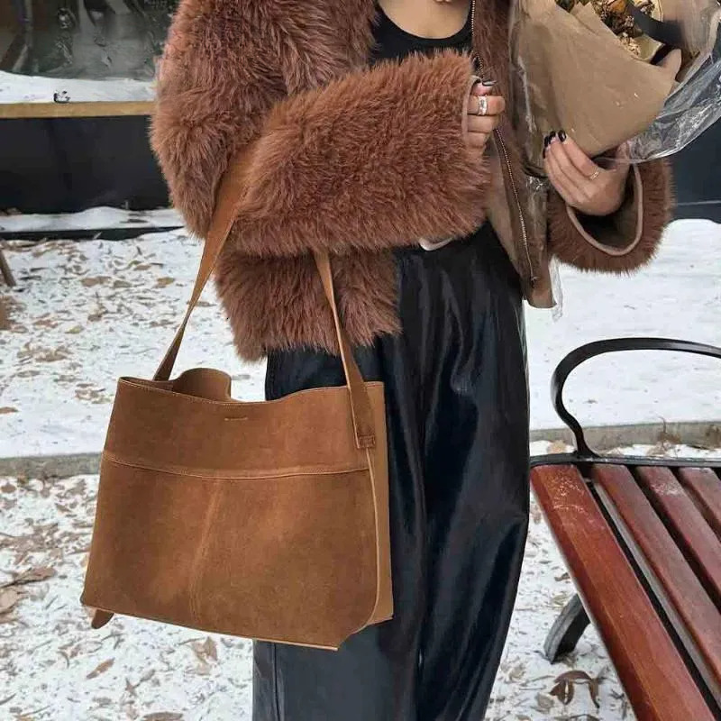 Tote Bags Women - Oversized Suede Handbag, Cow Leather Handbags, Retro Style Shoulder Bag For Winter New Free Delivery Designer Bag