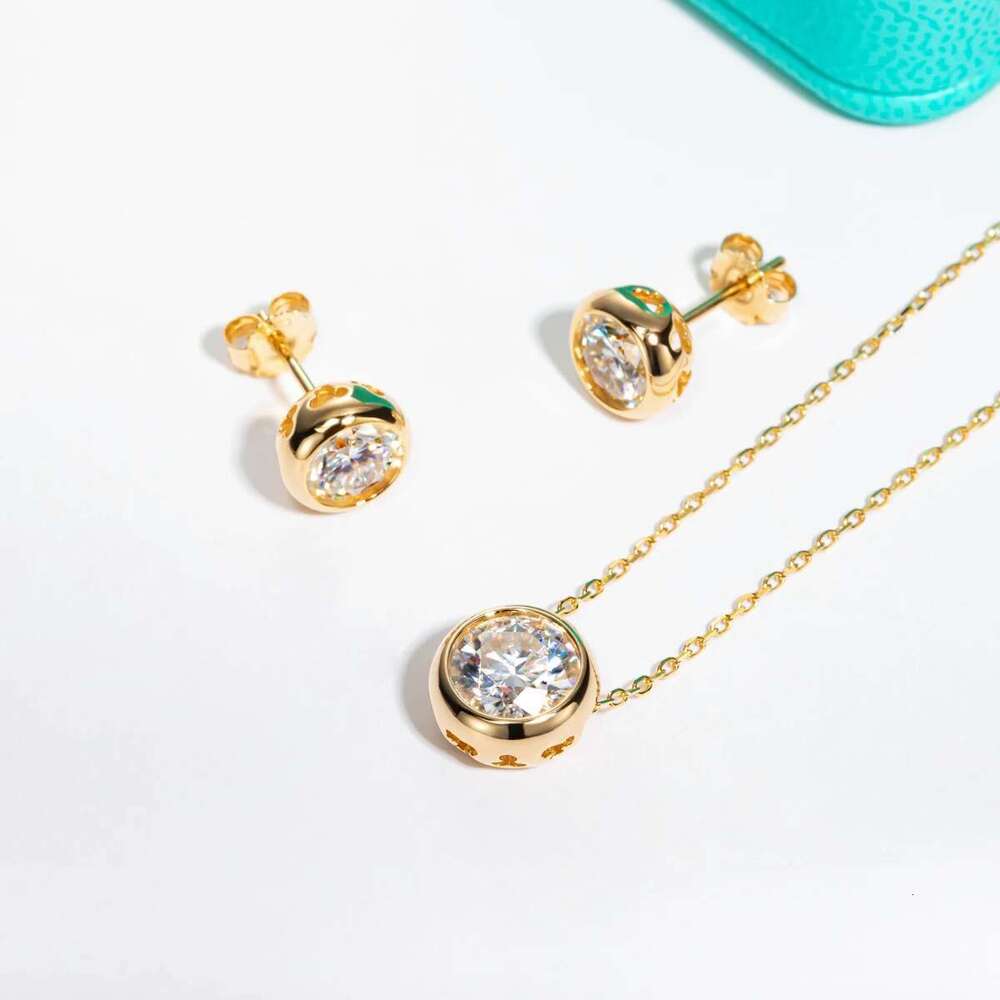 AnuJewel D Color Moissanite Bezel Stud Earrings Gold Plated Pendant Necklace Sterling Sier Set Customs Jewelry