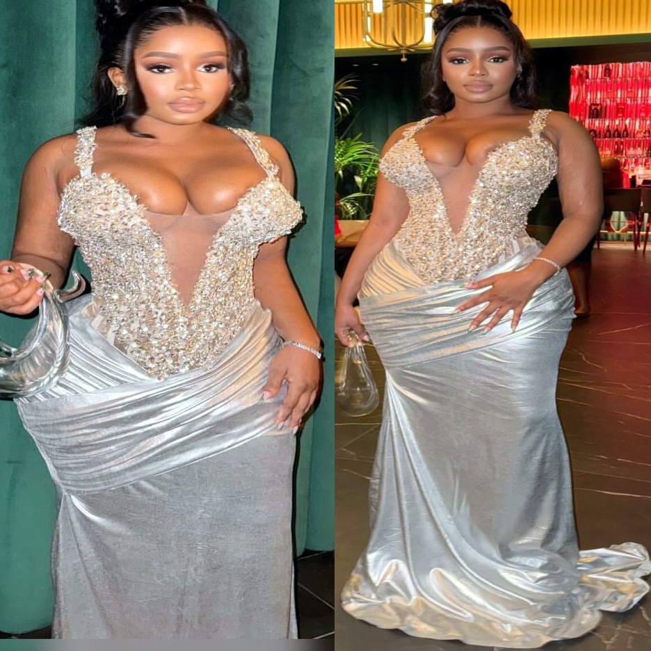 Silver Mermaid Plus Size Prom Dresses 2025 Satin Beaded Crystals Spaghetti Evening Formal Party Second Birthday Engagement Gowns Dress For Special Occ