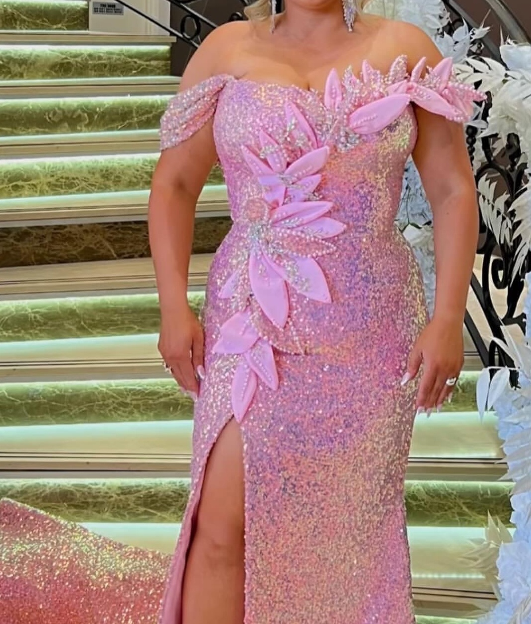 Mermaid Pink Plus Size Prom Dresses 2025 Crystals Flowers Sequined Sparkly Evening Formal Party Second Birthday Engagement Gowns Dress For Special Occ