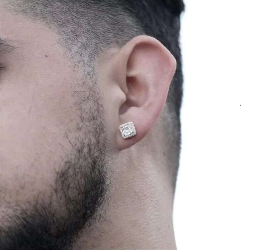 Men's Hip Hop Pure Sier Iced Vvs Square Mossstone Earrings