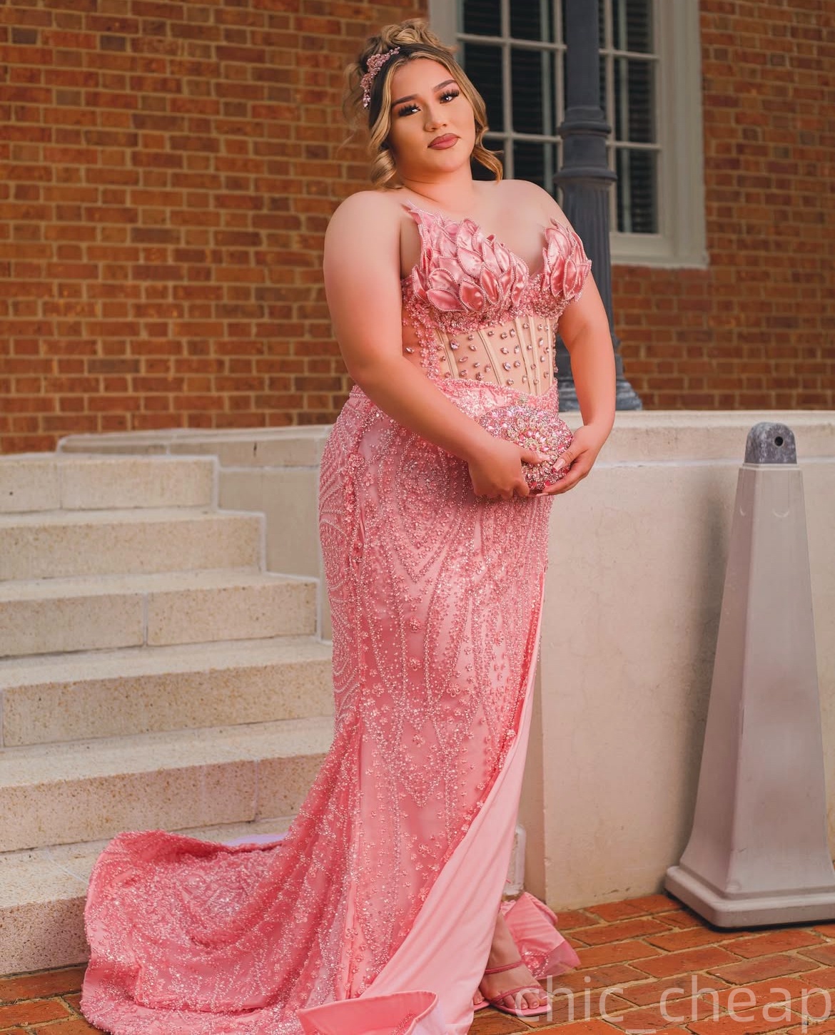 Mermaid Pink Plus Size Prom Dresses 2025 Crystals Florals Sequined Lace Sparkly Evening Formal Party Second Birthday Engagement Gowns Dress For Specia