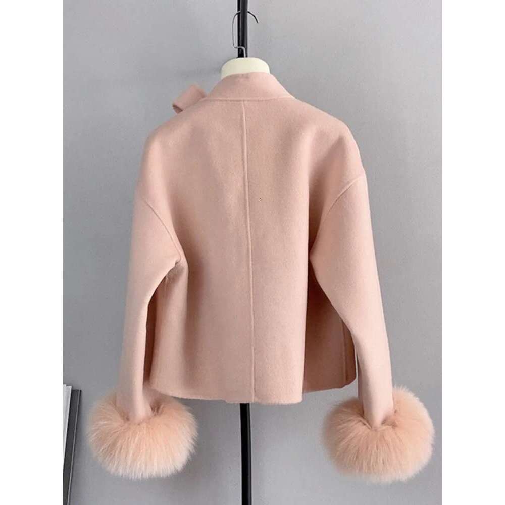 2024 New Winter Real Natural Fox Fur Cuff Ladies Outwear Female Coat Cashmere Wool Woolen Women Jacket Designer