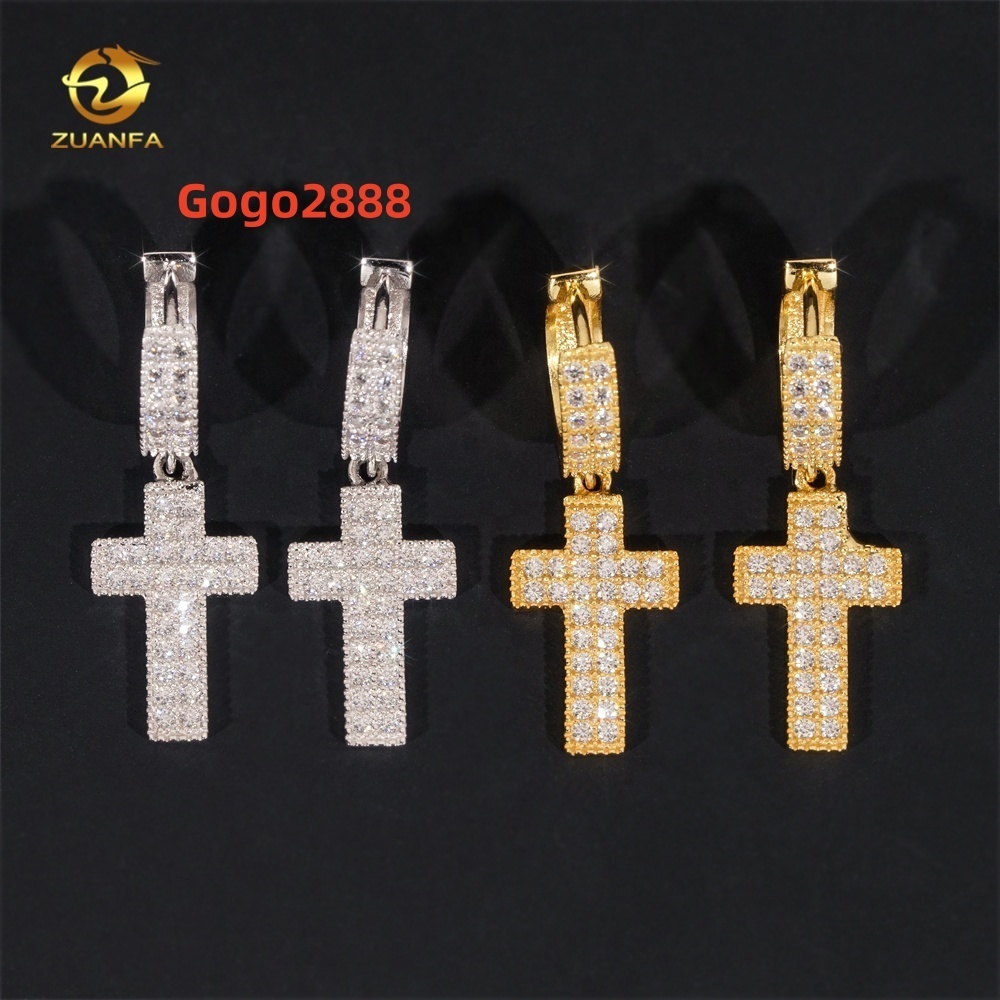 New Fashion Hip Hop Jewelry 925 Silver Iced Out Hoop Cross Drop Moissanite Diamond Earrings for Men