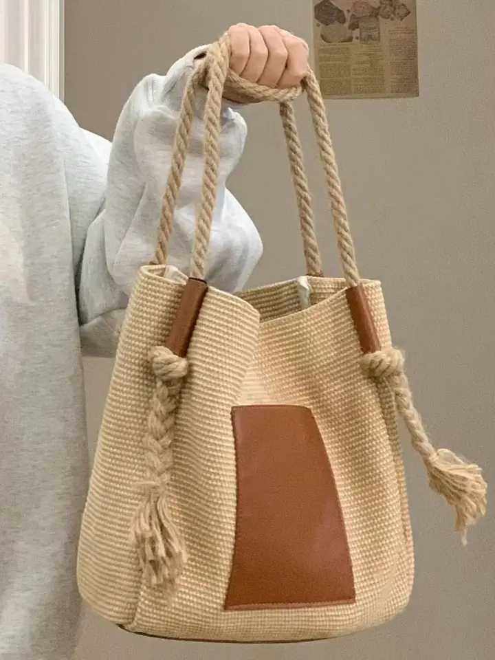 PU Leather Bucket Shoulder Bags for Women Woven Rope Hand Bag Female Large Handle Bag Purse Z250512-1