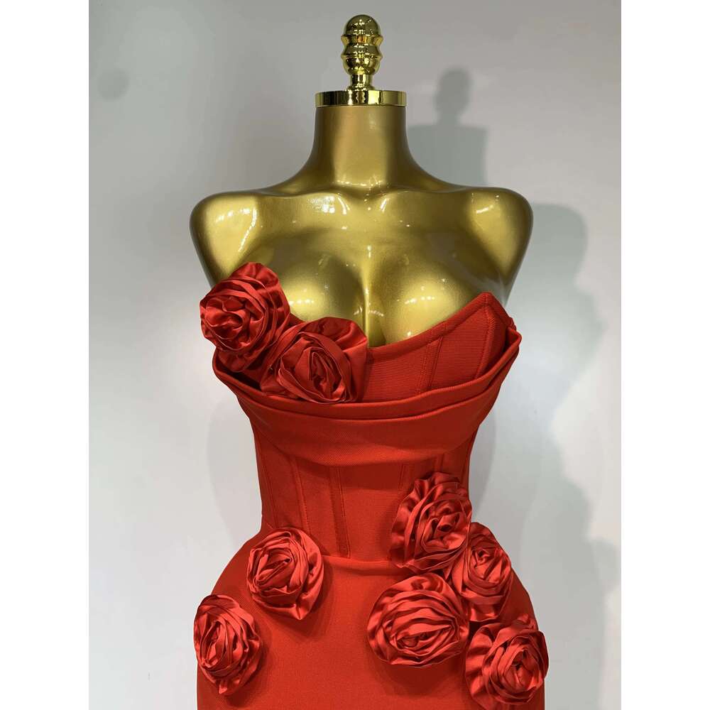 2025 Newest Women Sexy Strapless Backless Red Flower Midi Bandage Dress Celebirty Elegant Evening Club Party Birthday Dresses
