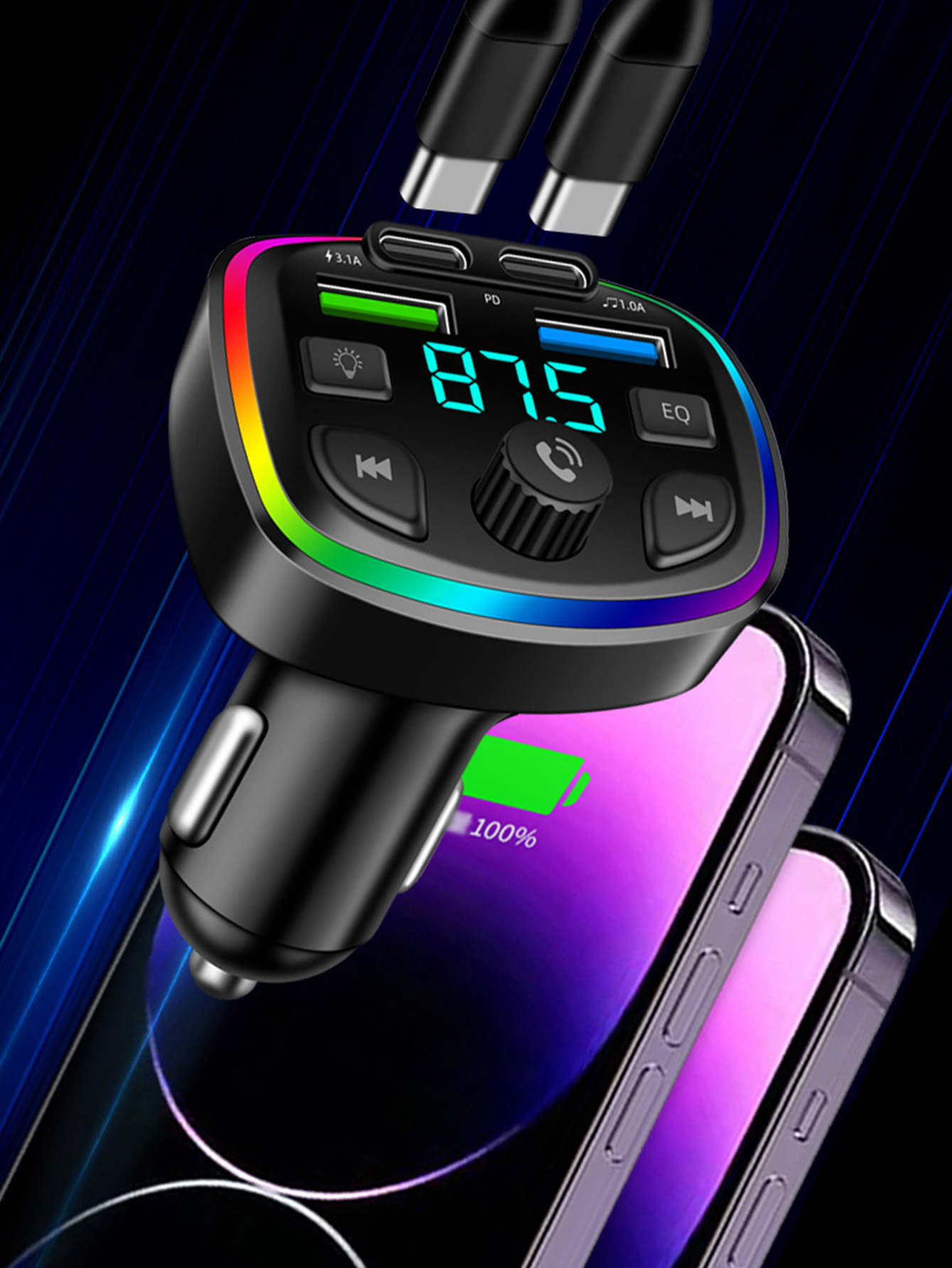 Car Bluetooth MP3 Player, Hands-free Calling with Voice Announcement, PD Fast Charging USB Flash Drive