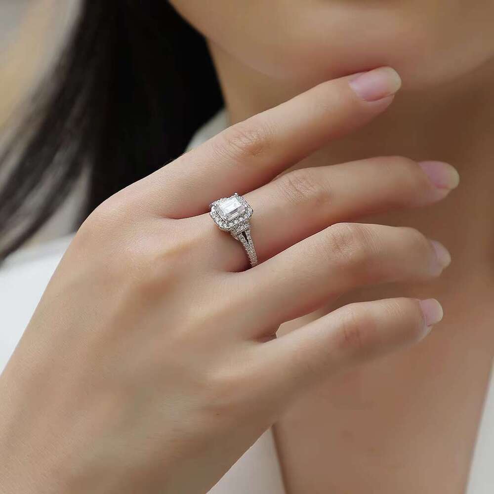 Elegant spodumene emerald cut open handle ring - double-layer pointed set, pure silver, size 5-9, USA