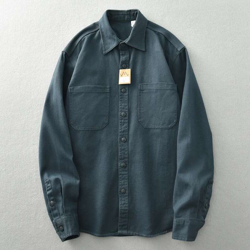Vintage Washed May Khaki Men's Long Sleeve Base Lapel Cotton Loose Casual Cargo Shirt