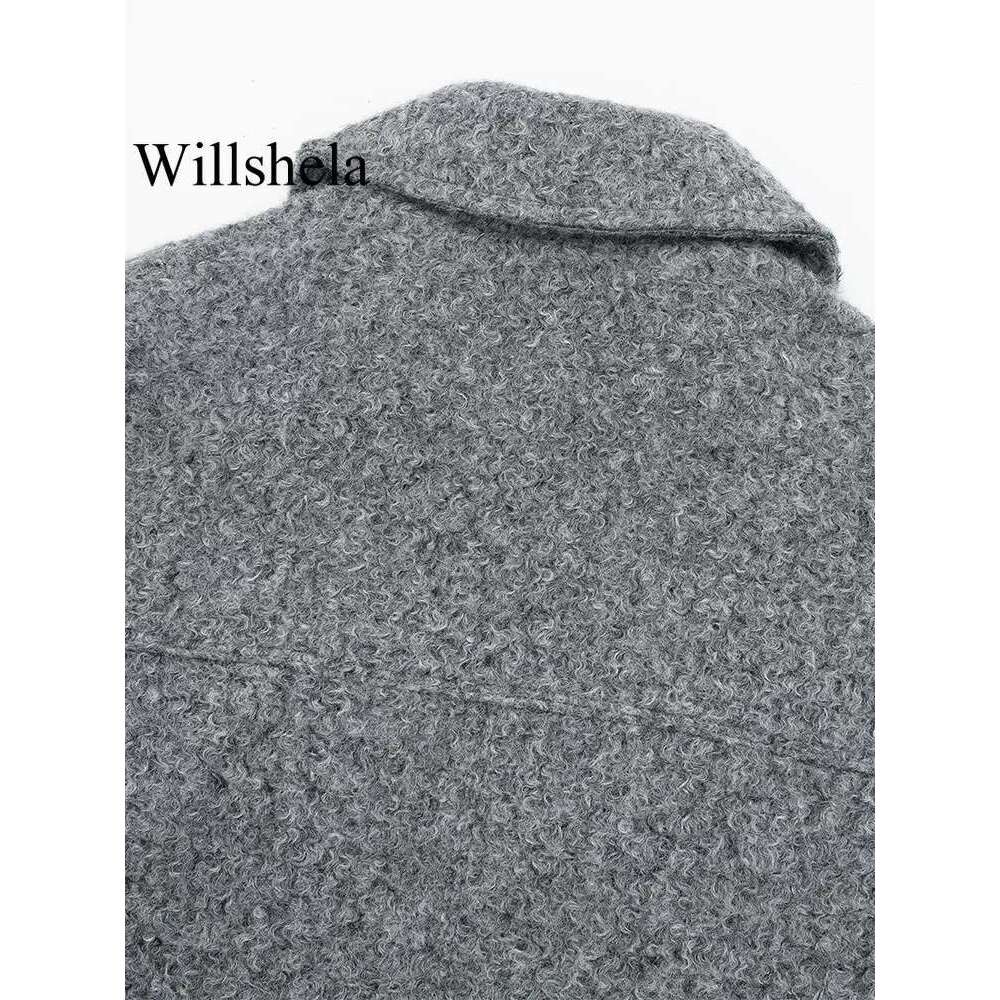 Willshela Women Fashion With Pockets Grey Front Zipper Jackets Vintage Lapel Neck Long Sleeves Female Chic Lady Outfits