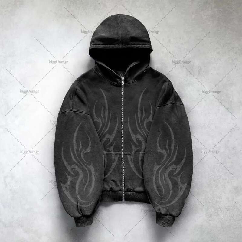 Y2k Haruku Retro Personalized Print Fashion Loose Zipper Hoodie Men American Classic Casual All-Match Sweatshirt Women Designer
