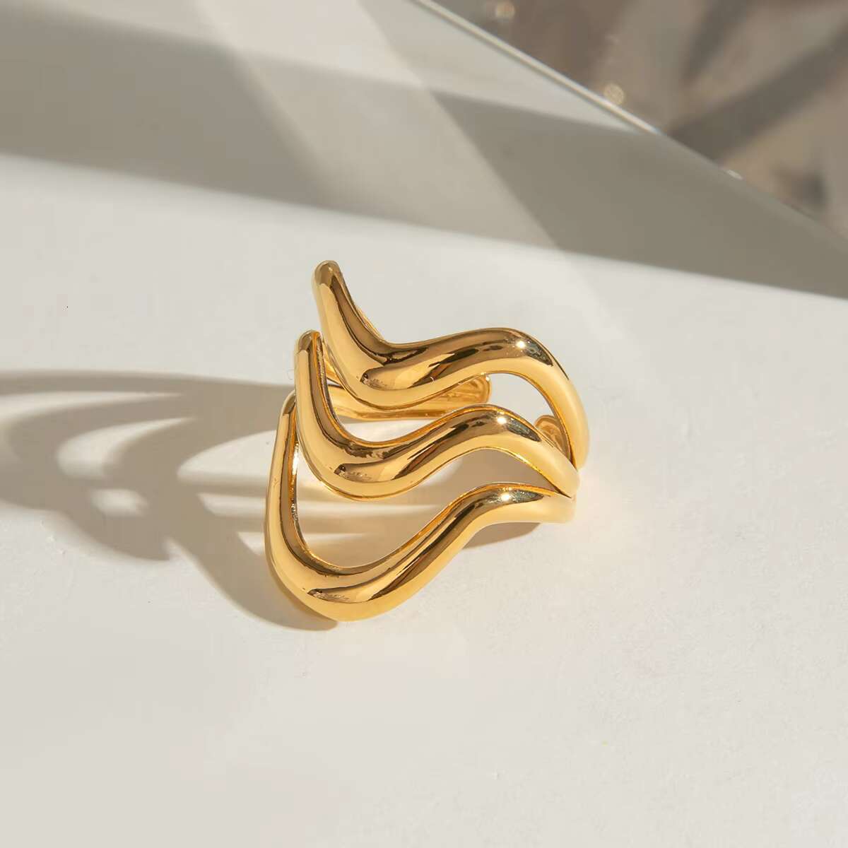 J D 18k Gold Stainless Steel Adjustable Ripple Wave Cutout Open Ring Trendy Irregular Hollowed Minimalist Style