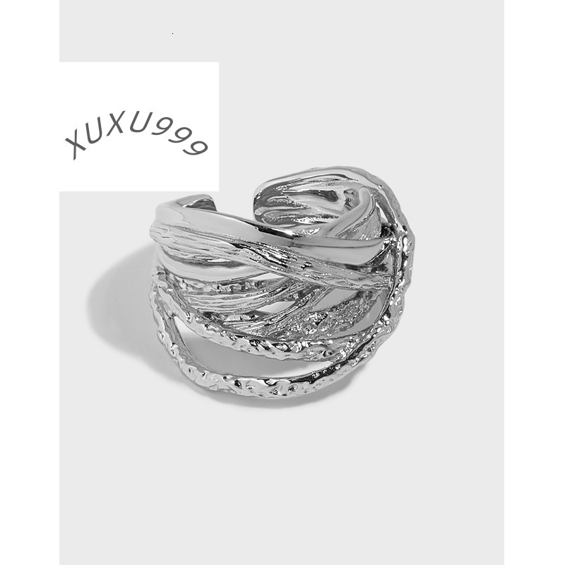 Vintage S925 Sterling Silver Multi-layer Cross Texture Finger Rings Jewelry for Women