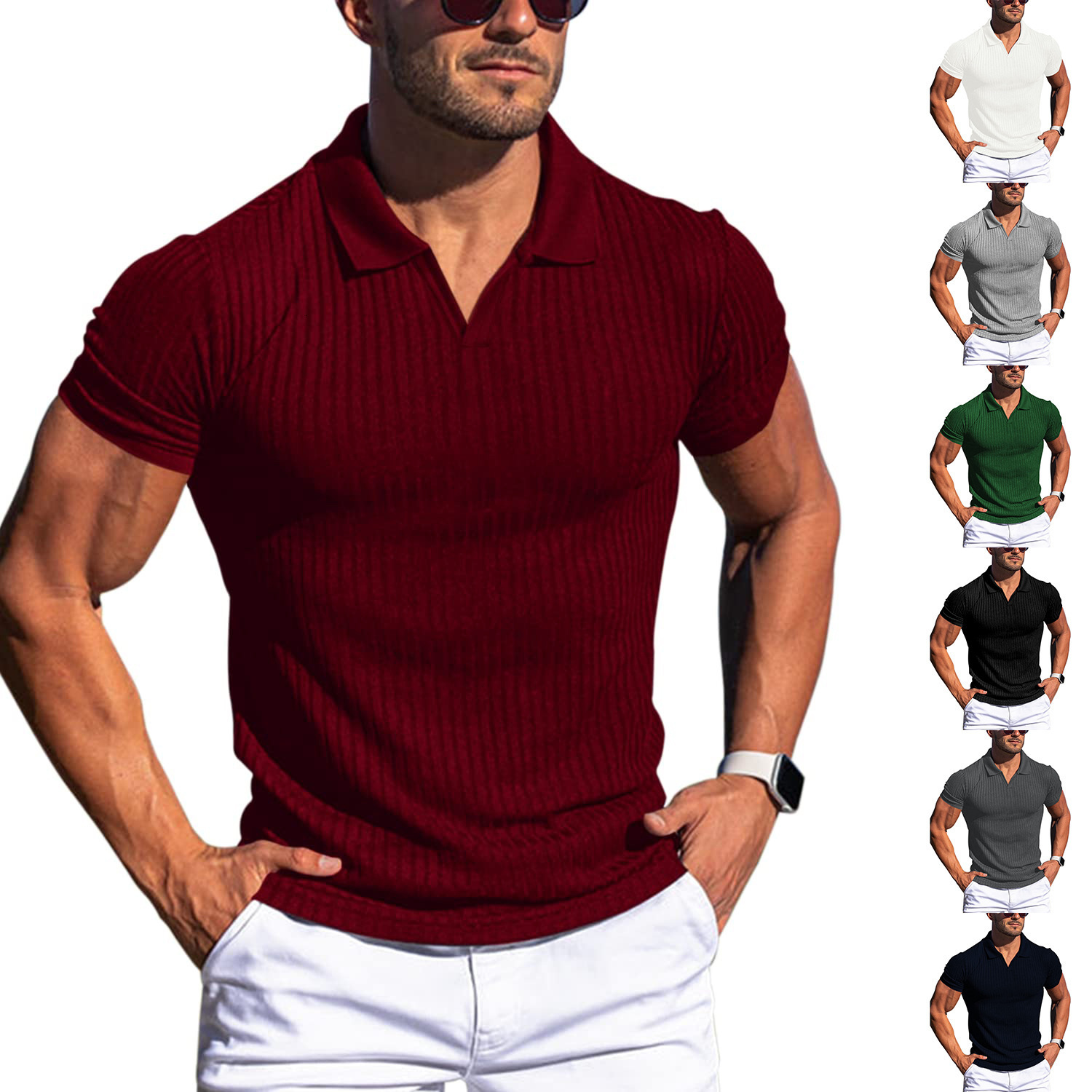 Summer polo shirt lapel V-neck vertical stripe short sleeve mens T-shirt250512