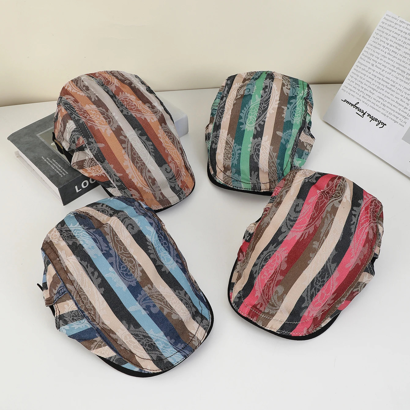 Ethnic fashion color matching striped cashew flower beret street travel with face small front hat 250512